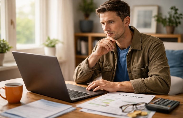 Hombre revisando su portátil para comprobar si debe presentar la declaración de la renta en 2026 tras cobrar el paro